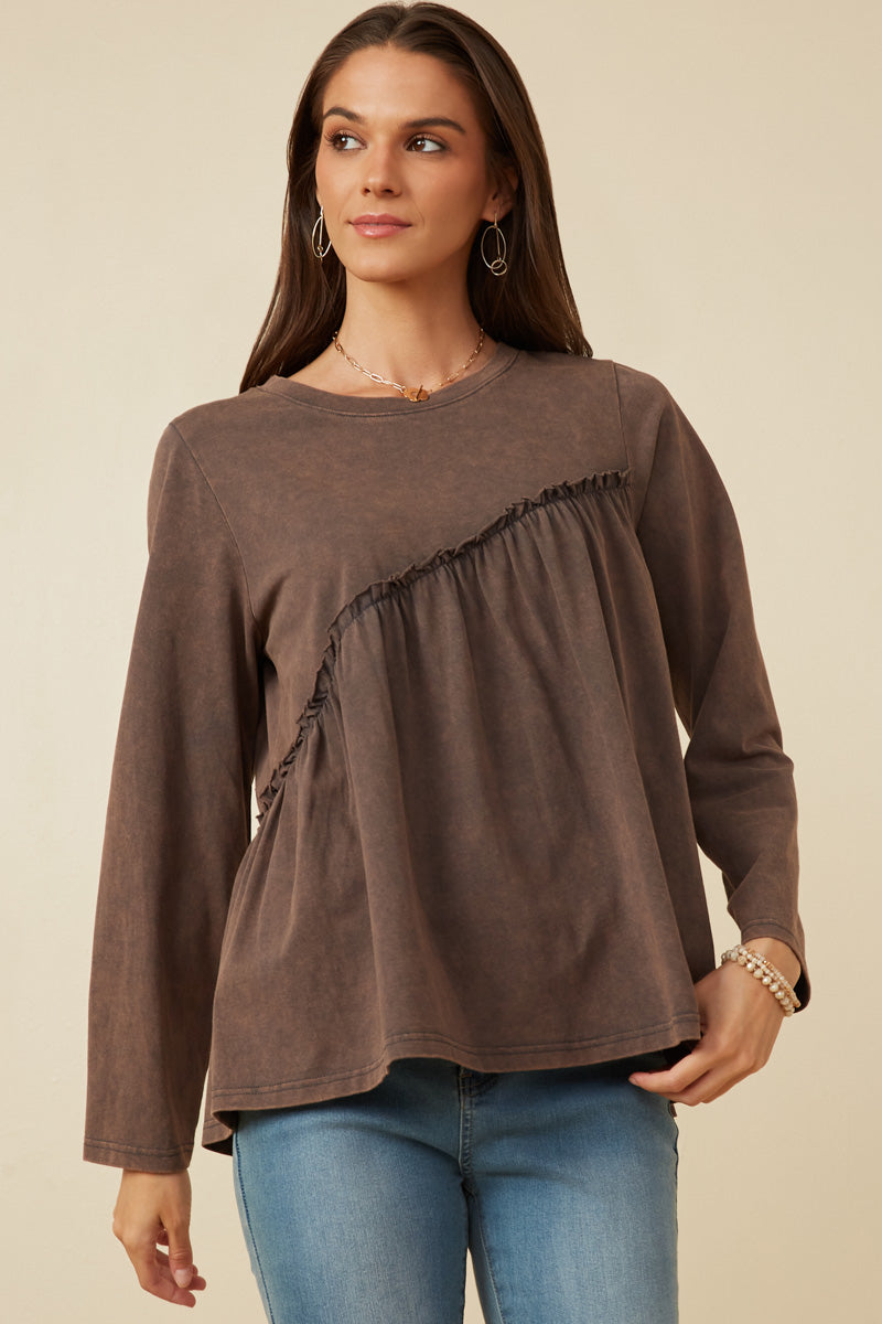 Long Sleeve Asymmetric Hem Washed Top