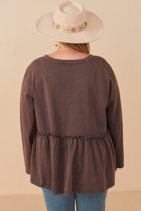 HY7557W Charcoal Plus Long Sleeve Asymmetric Hem Washed Top Detail