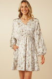 HY7571 Taupe Womens Satin Floral Print V Neck Dolman Sleeve Dress Front