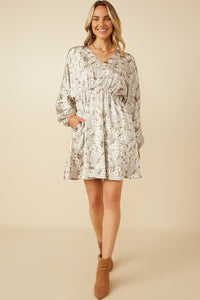HY7571 Taupe Womens Satin Floral Print V Neck Dolman Sleeve Dress Gif