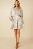 HY7571 Taupe Womens Satin Floral Print V Neck Dolman Sleeve Dress Gif