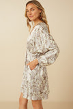 HY7571 Taupe Womens Satin Floral Print V Neck Dolman Sleeve Dress Side