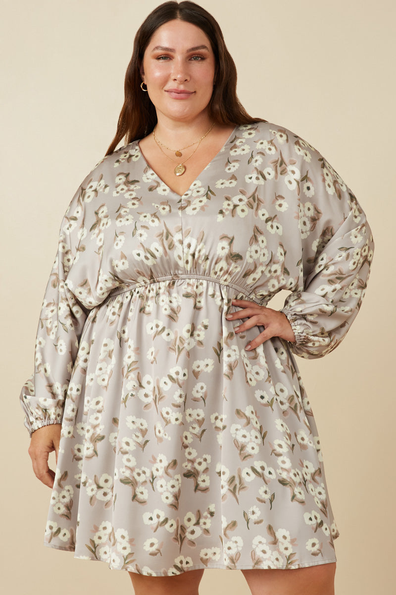 Satin Floral Print V Neck Dolman Sleeve Dress
