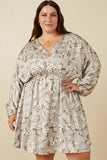 HY7571W Taupe Plus Satin Floral Print V Neck Dolman Sleeve Dress Front