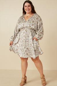 HY7571 Taupe Womens Satin Floral Print V Neck Dolman Sleeve Dress Side