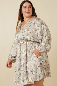 HY7571W Taupe Plus Satin Floral Print V Neck Dolman Sleeve Dress Detail