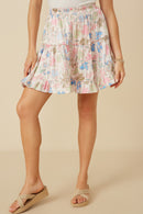 HY7576 Ivory Womens Floral Tiered Foiled Skirt Front