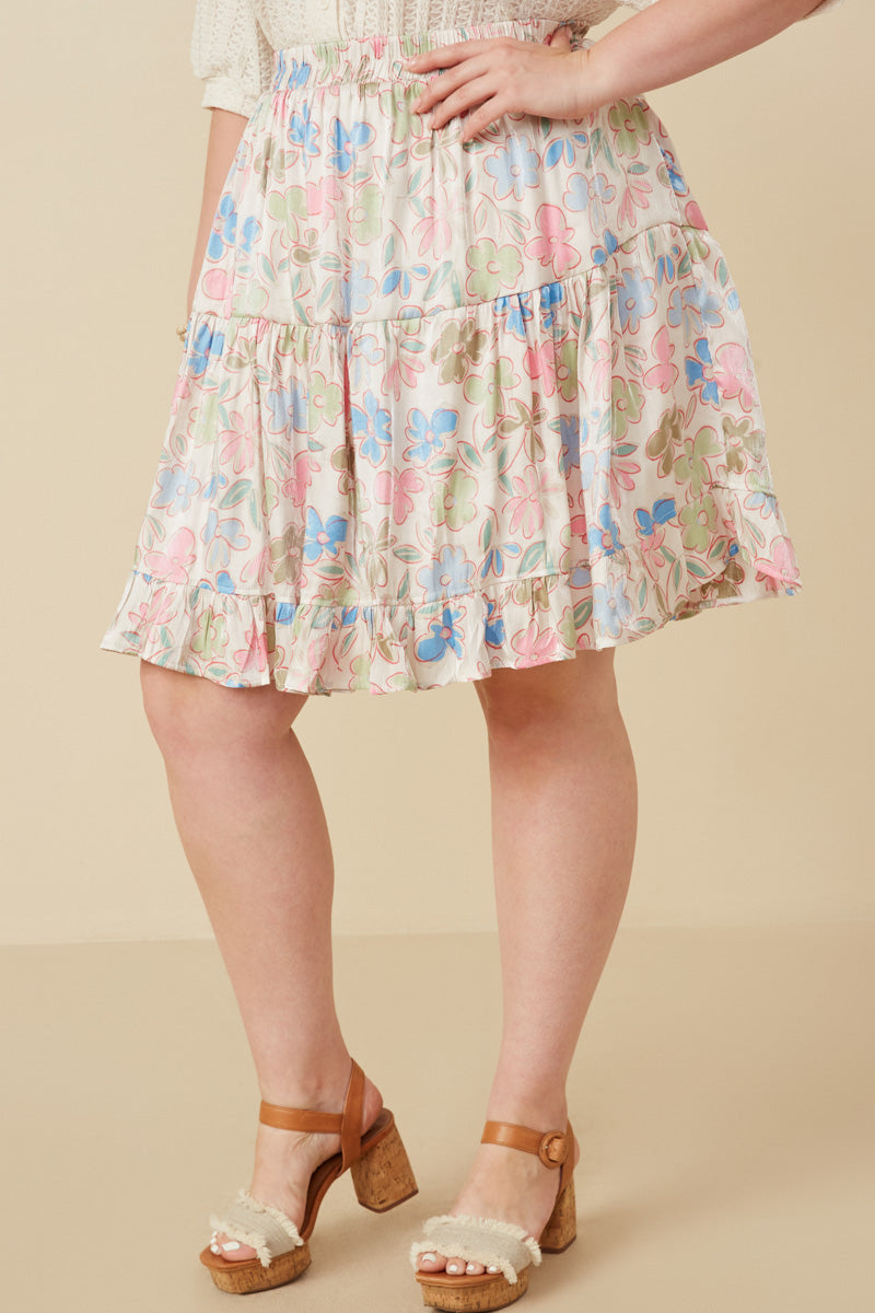 HY7576 Ivory Womens Floral Tiered Foiled Skirt Full Body