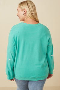 HY7577 Pink Womens Brushed Textured Floral Embroidered Sweatshirt Front 2