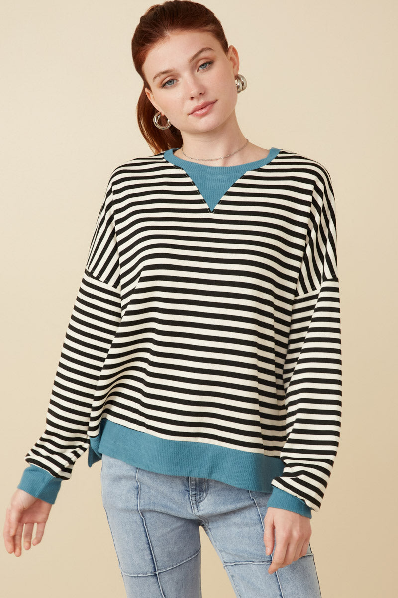 Contrast Banded Detail Ribbed Stripe Top