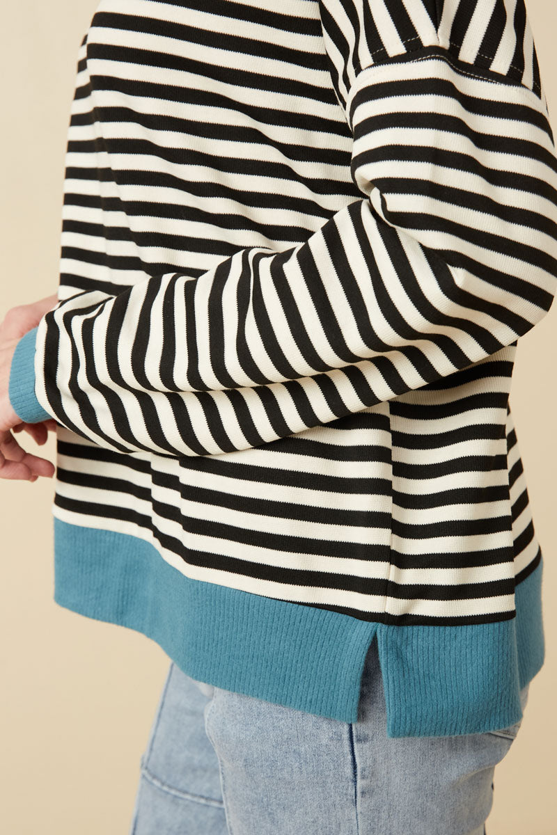 HY7583 Black Womens Contrast Banded Detail Ribbed Stripe Top Full Body