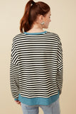 HY7583 Black Womens Contrast Banded Detail Ribbed Stripe Top Side