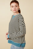HY7583 Black Womens Contrast Banded Detail Ribbed Stripe Top Back