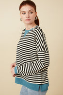 HY7583 Black Womens Contrast Banded Detail Ribbed Stripe Top Back