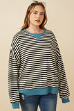 HY7583W Black Plus Contrast Banded Detail Ribbed Stripe Top Front