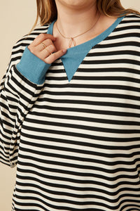 HY7583 Black Womens Contrast Banded Detail Ribbed Stripe Top Side 2