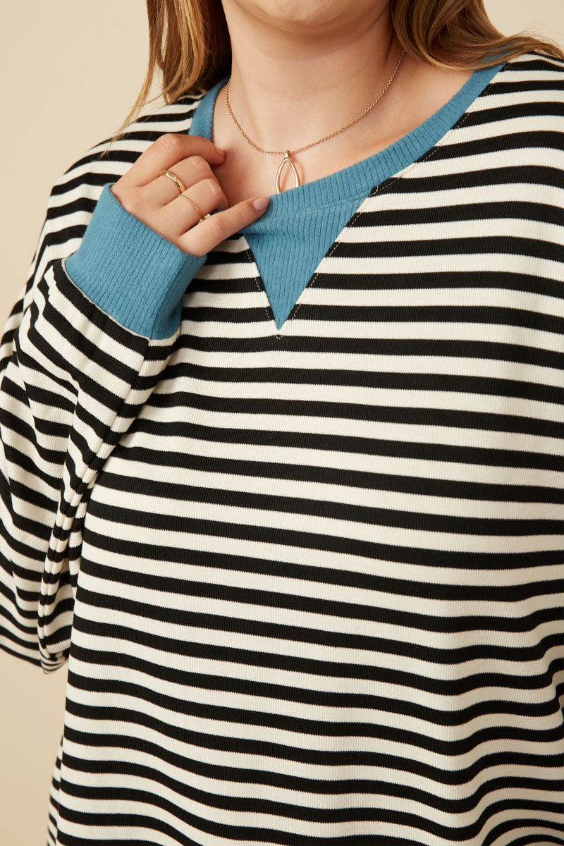 HY7583 Black Womens Contrast Banded Detail Ribbed Stripe Top Side 2