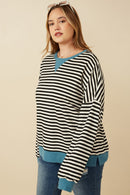 HY7583W Black Plus Contrast Banded Detail Ribbed Stripe Top Gif