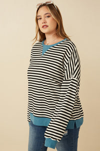 HY7583W Black Plus Contrast Banded Detail Ribbed Stripe Top Gif