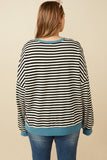 HY7583W Black Plus Contrast Banded Detail Ribbed Stripe Top Detail
