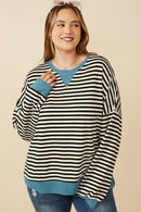 HY7583W Black Plus Contrast Banded Detail Ribbed Stripe Top Side