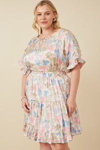 HY7588W Ivory Plus Floral Ruffle Sleeve Foiled Top Gif