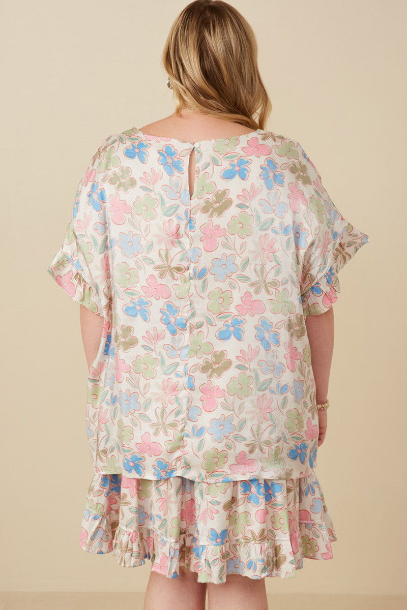 HY7588W Ivory Plus Floral Ruffle Sleeve Foiled Top Full Body