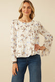 Textured Satin Floral Asymmetric Peasant Sleeve Top