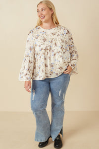 HY7590 Ivory Womens Textured Satin Floral Asymmetric Peasant Sleeve Top Back