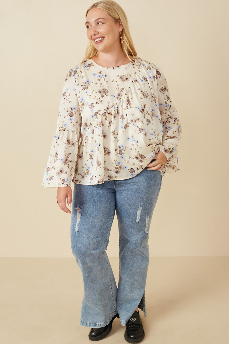 HY7590 Ivory Womens Textured Satin Floral Asymmetric Peasant Sleeve Top Back