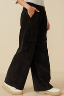 HY7600 Black Womens Washed Corduroy Wide Leg Cargo Pants Gif