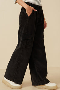 HY7600 Black Womens Washed Corduroy Wide Leg Cargo Pants Gif