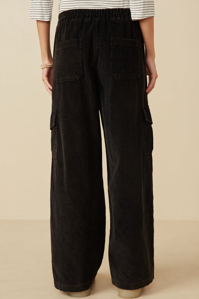 HY7600 Black Womens Washed Corduroy Wide Leg Cargo Pants Side