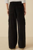 HY7600 Black Womens Washed Corduroy Wide Leg Cargo Pants Side
