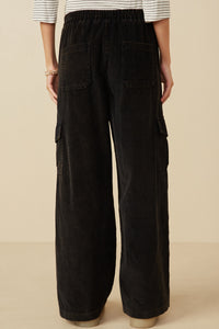 HY7600 Black Womens Washed Corduroy Wide Leg Cargo Pants Side