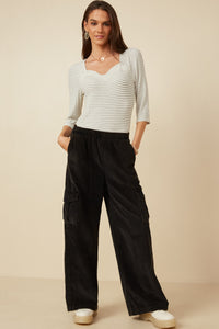 HY7600 Black Womens Washed Corduroy Wide Leg Cargo Pants Back