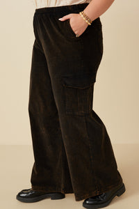 HY7600 Black Womens Washed Corduroy Wide Leg Cargo Pants Full Body