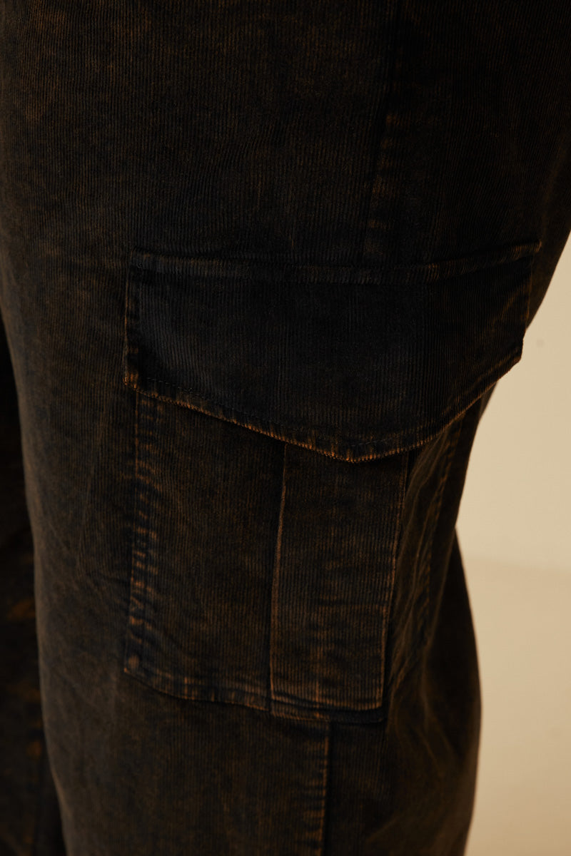 HY7600W Black Plus Washed Corduroy Wide Leg Cargo Pants Gif
