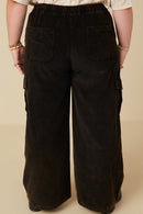 HY7600W Black Plus Washed Corduroy Wide Leg Cargo Pants Side