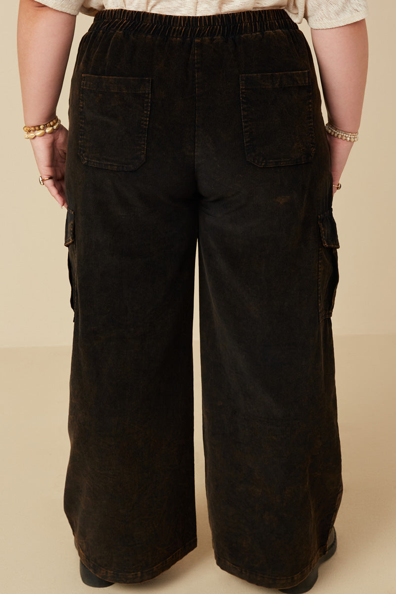 HY7600W Black Plus Washed Corduroy Wide Leg Cargo Pants Side
