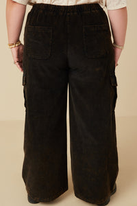 HY7600W Black Plus Washed Corduroy Wide Leg Cargo Pants Side