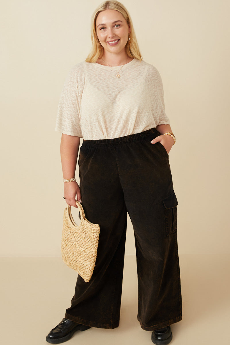 HY7600W Black Plus Washed Corduroy Wide Leg Cargo Pants Detail