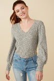 HY7609 Grey Womens Textured V Neck Speckled Rib Knit Top Front