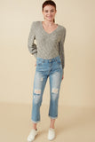 HY7609 Grey Womens Textured V Neck Speckled Rib Knit Top Gif