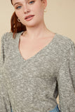 HY7609 Grey Womens Textured V Neck Speckled Rib Knit Top Full Body