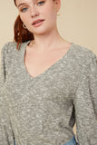 HY7609 Grey Womens Textured V Neck Speckled Rib Knit Top Full Body