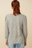 HY7609 Grey Womens Textured V Neck Speckled Rib Knit Top Detail