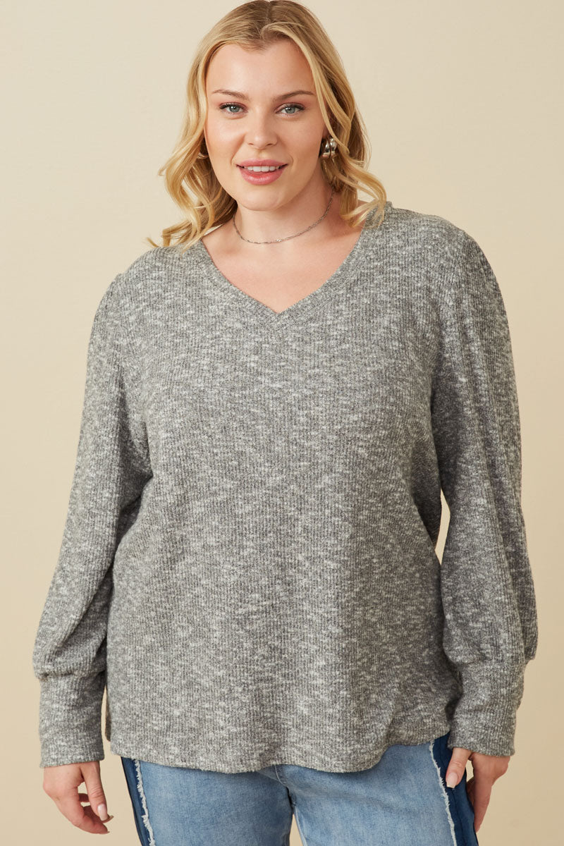 Womens Textured V Neck Speckled Rib Knit Top