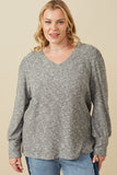 HY7609W Grey Plus Textured V Neck Speckled Rib Knit Top Front