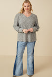 HY7609 Grey Womens Textured V Neck Speckled Rib Knit Top Back